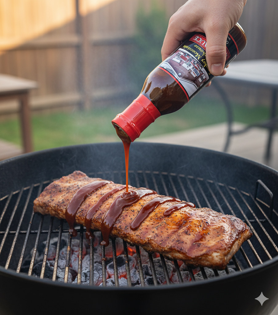 Close-up of Smokey Mountain Firehouse BBQ Sauce flowing onto grilled ribs, a bold original barbecue sauce with balanced sweet heat